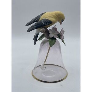 Vintage Made in Japan Porcelain Bird Bell – Goldfinch Figurine with Crystal Pull